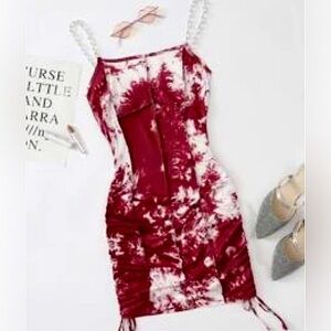 COW PRINT RED MINI RUNCHED UP CHAIN STRAP DRESS